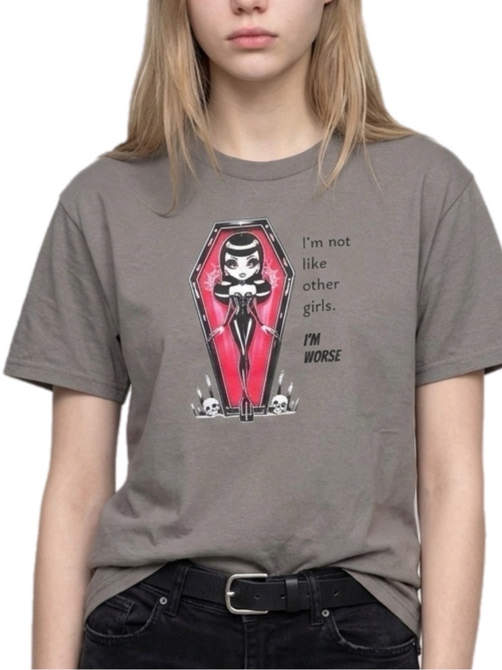 Goth Babe Coffin Charcoal Grey T Pink & Black Short Sleeve Shirt ‘I’m worse’